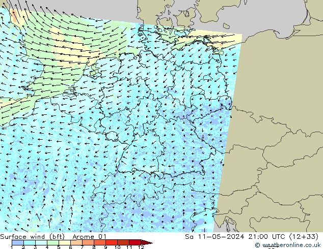 Bodenwind (bft) Arome 01 Sa 11.05.2024 21 UTC