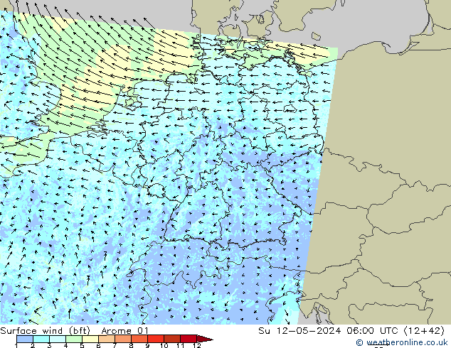Wind 10 m (bft) Arome 01 zo 12.05.2024 06 UTC