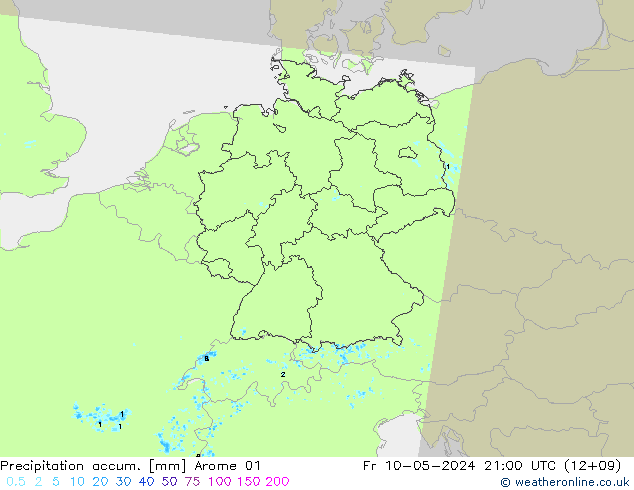 Precipitation accum. Arome 01 Fr 10.05.2024 21 UTC