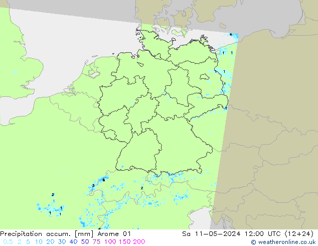 Precipitación acum. Arome 01 sáb 11.05.2024 12 UTC