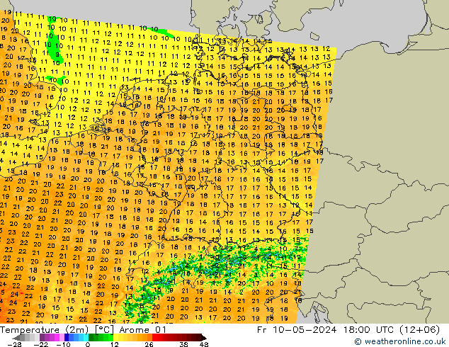 карта температуры Arome 01 пт 10.05.2024 18 UTC