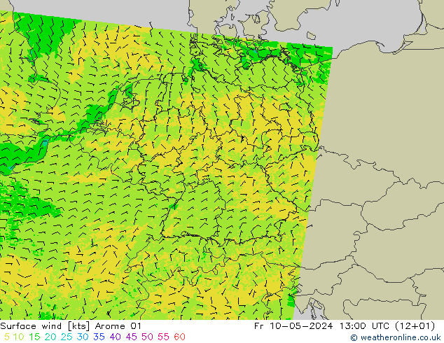 风 10 米 Arome 01 星期五 10.05.2024 13 UTC