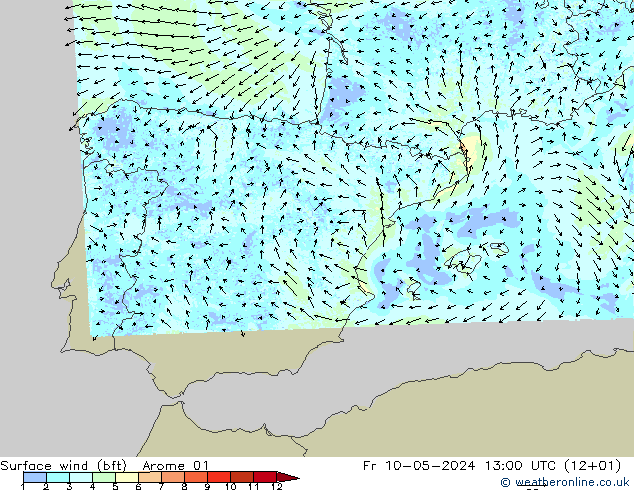 Surface wind (bft) Arome 01 Fr 10.05.2024 13 UTC