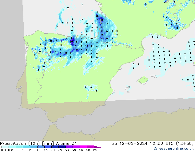 Précipitation (12h) Arome 01 dim 12.05.2024 00 UTC