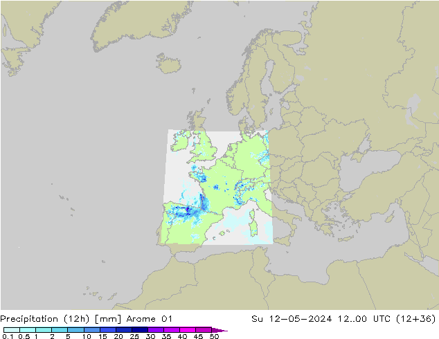 Precipitation (12h) Arome 01 Su 12.05.2024 00 UTC