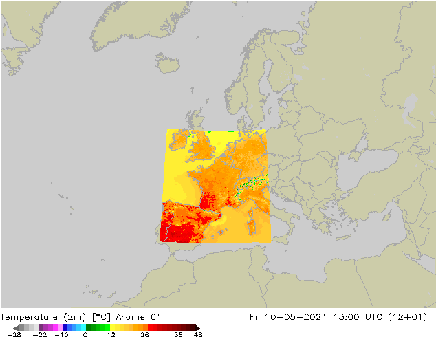 Temperatura (2m) Arome 01 ven 10.05.2024 13 UTC