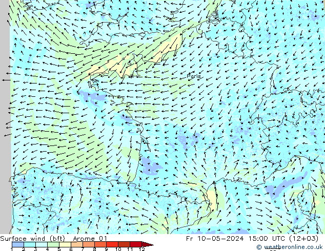 Surface wind (bft) Arome 01 Pá 10.05.2024 15 UTC