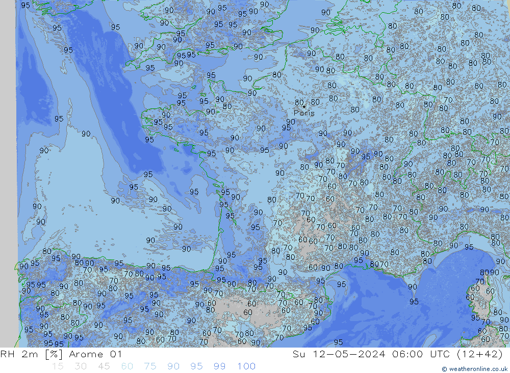 Humidité rel. 2m Arome 01 dim 12.05.2024 06 UTC