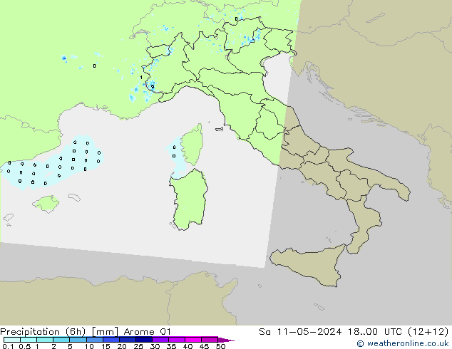 Totale neerslag (6h) Arome 01 za 11.05.2024 00 UTC
