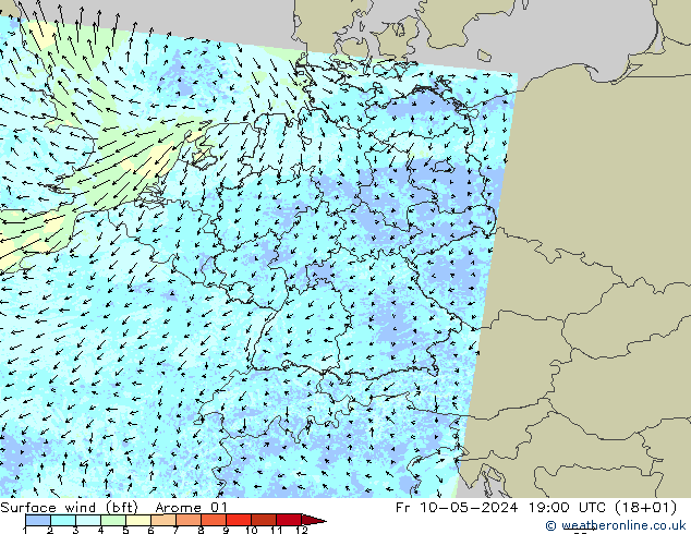Wind 10 m (bft) Arome 01 vr 10.05.2024 19 UTC