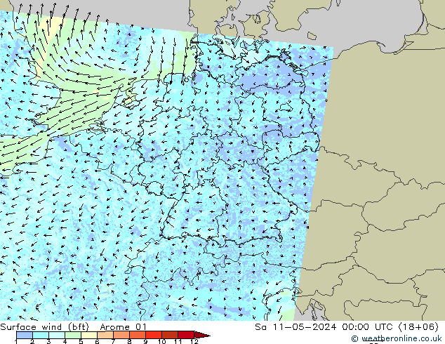 wiatr 10 m (bft) Arome 01 so. 11.05.2024 00 UTC