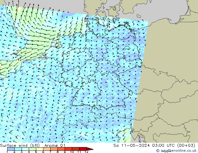 Bodenwind (bft) Arome 01 Sa 11.05.2024 03 UTC