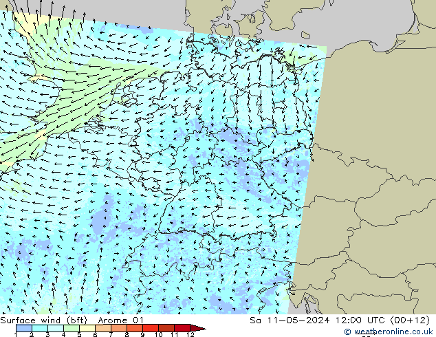 Rüzgar 10 m (bft) Arome 01 Cts 11.05.2024 12 UTC