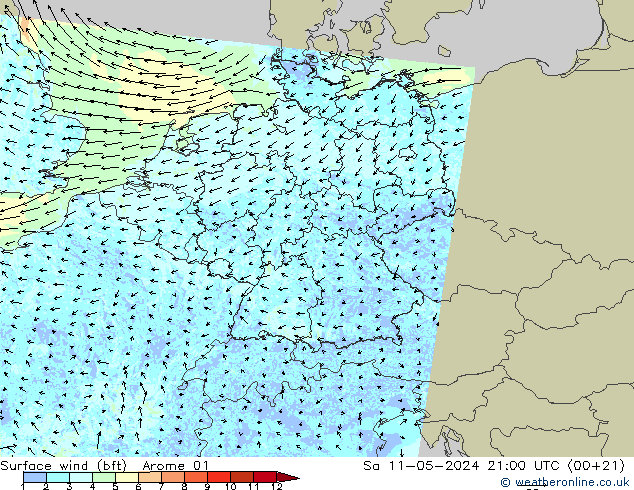 Surface wind (bft) Arome 01 So 11.05.2024 21 UTC