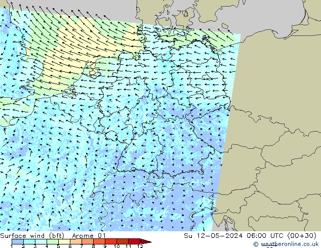 wiatr 10 m (bft) Arome 01 nie. 12.05.2024 06 UTC