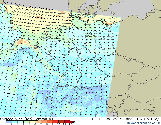 wiatr 10 m (bft) Arome 01 nie. 12.05.2024 18 UTC