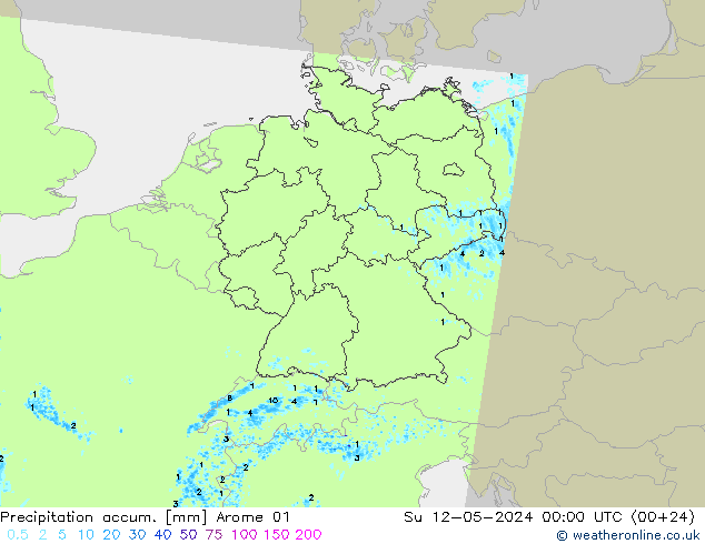 Precipitation accum. Arome 01 Su 12.05.2024 00 UTC