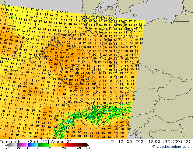 Temperatuurkaart (2m) Arome 01 zo 12.05.2024 18 UTC