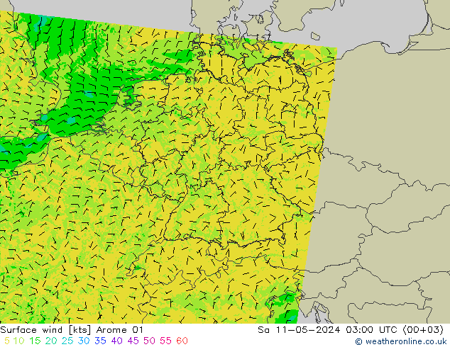 Wind 10 m Arome 01 za 11.05.2024 03 UTC