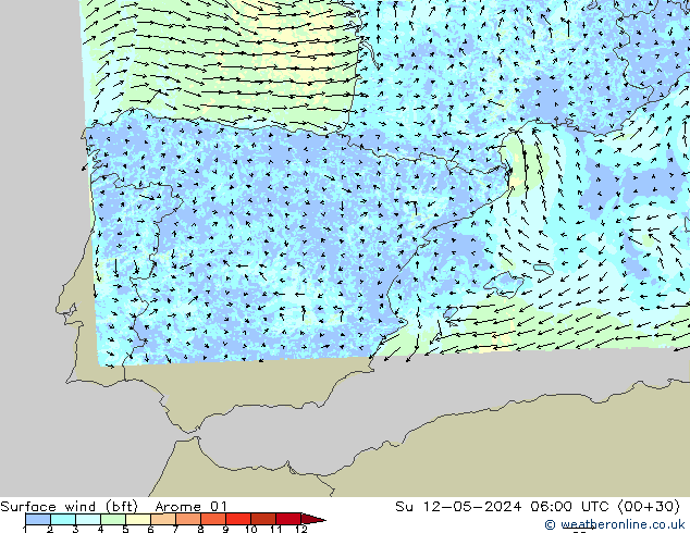 Surface wind (bft) Arome 01 Ne 12.05.2024 06 UTC