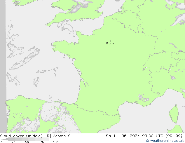 Cloud cover (middle) Arome 01 Sa 11.05.2024 09 UTC