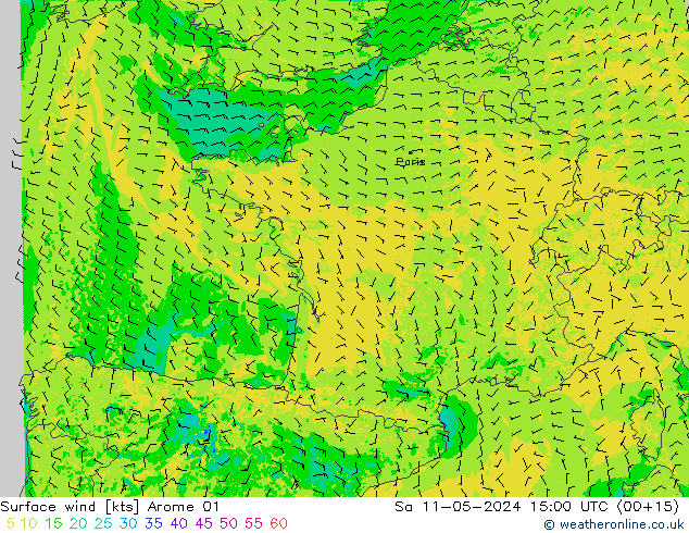 Wind 10 m Arome 01 za 11.05.2024 15 UTC