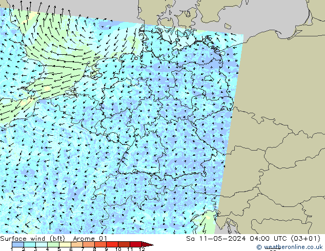 Surface wind (bft) Arome 01 So 11.05.2024 04 UTC