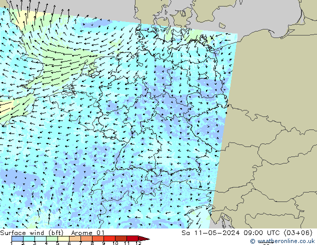 Surface wind (bft) Arome 01 So 11.05.2024 09 UTC