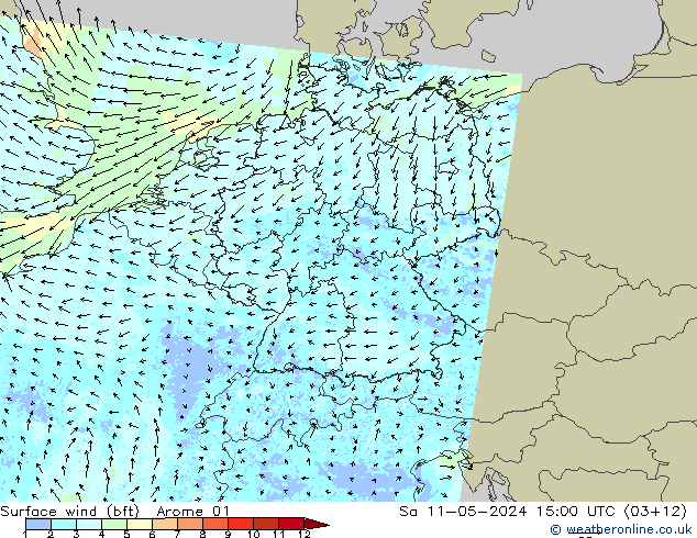 wiatr 10 m (bft) Arome 01 so. 11.05.2024 15 UTC