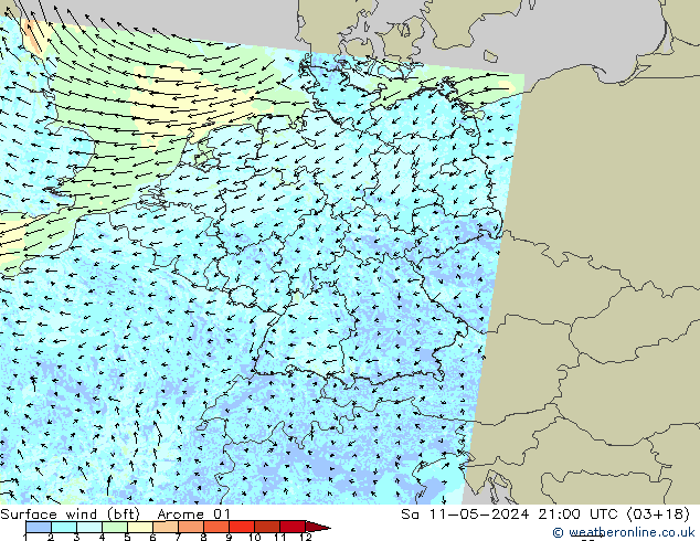 Wind 10 m (bft) Arome 01 za 11.05.2024 21 UTC