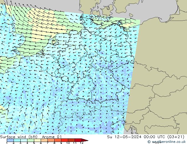 Wind 10 m (bft) Arome 01 zo 12.05.2024 00 UTC