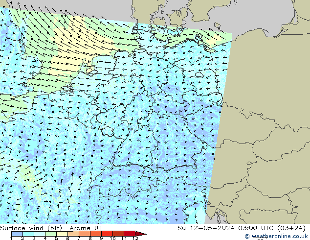 Rüzgar 10 m (bft) Arome 01 Paz 12.05.2024 03 UTC