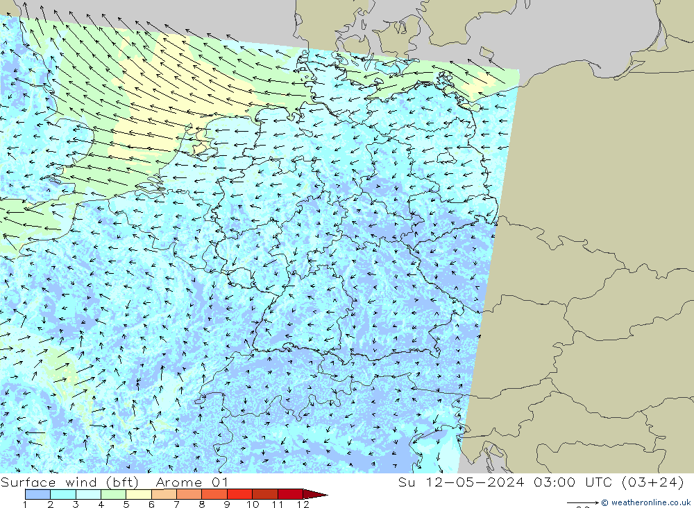 Surface wind (bft) Arome 01 Su 12.05.2024 03 UTC