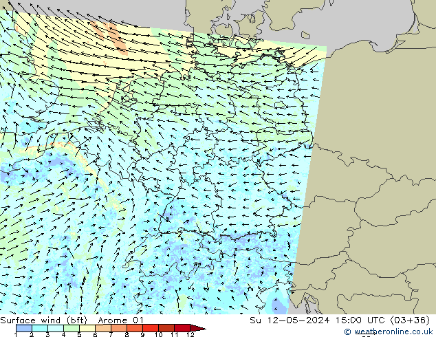 Rüzgar 10 m (bft) Arome 01 Paz 12.05.2024 15 UTC