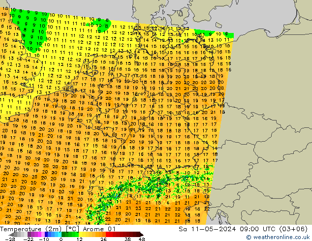 карта температуры Arome 01 сб 11.05.2024 09 UTC