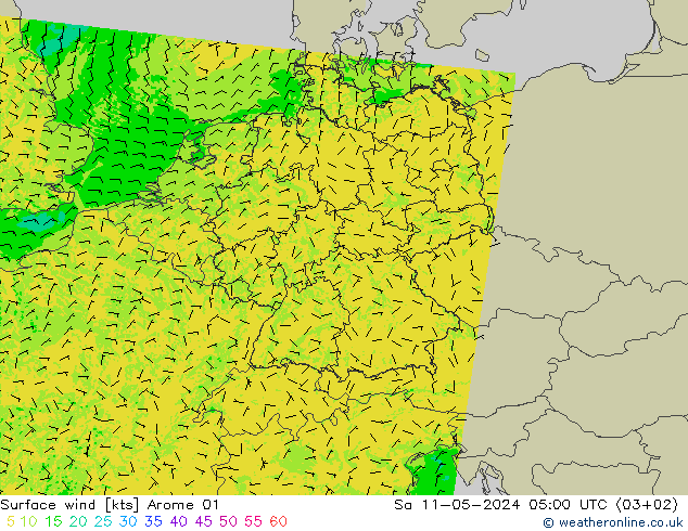 Wind 10 m Arome 01 za 11.05.2024 05 UTC