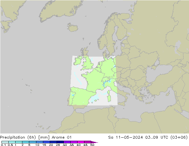 Totale neerslag (6h) Arome 01 za 11.05.2024 09 UTC