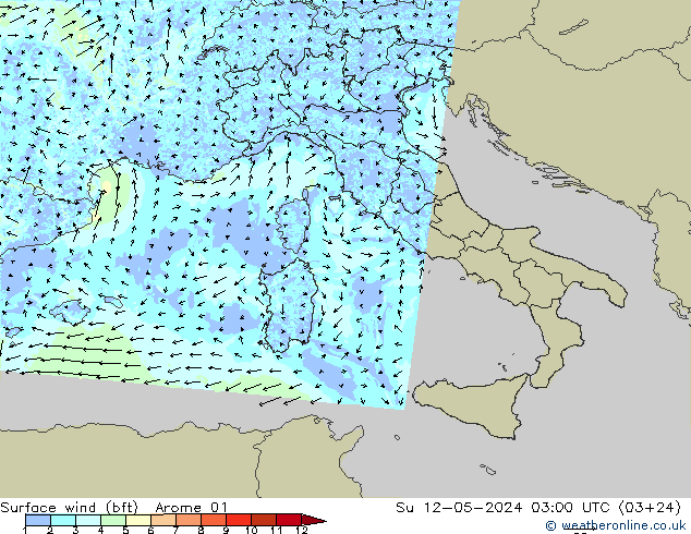 Surface wind (bft) Arome 01 Ne 12.05.2024 03 UTC