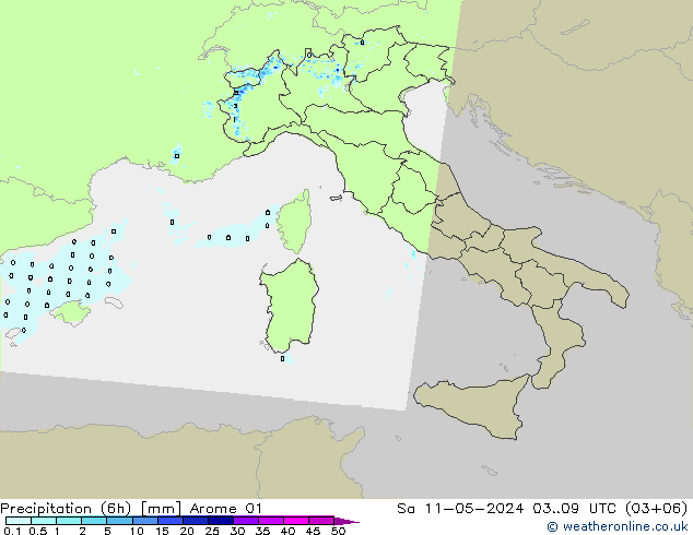 Totale neerslag (6h) Arome 01 za 11.05.2024 09 UTC
