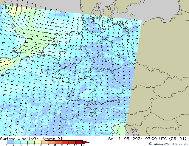 Bodenwind (bft) Arome 01 Sa 11.05.2024 07 UTC