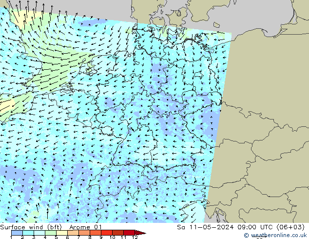 wiatr 10 m (bft) Arome 01 so. 11.05.2024 09 UTC