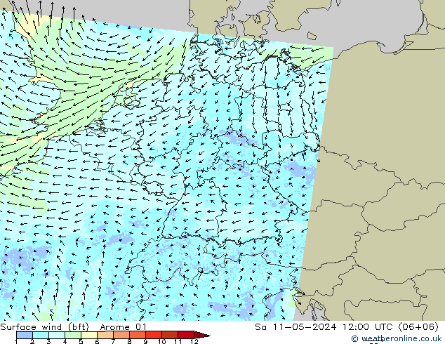 Wind 10 m (bft) Arome 01 za 11.05.2024 12 UTC