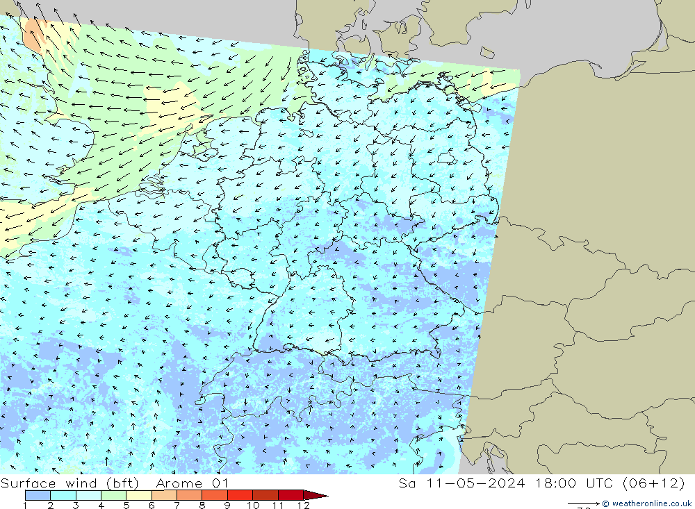 Bodenwind (bft) Arome 01 Sa 11.05.2024 18 UTC