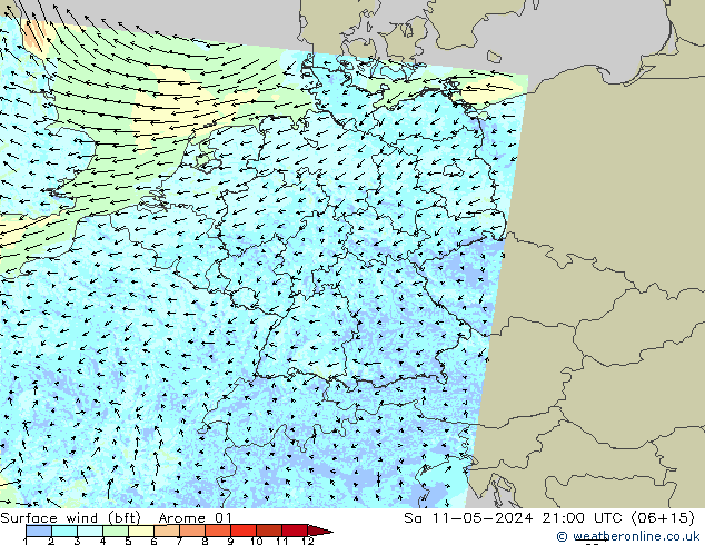 wiatr 10 m (bft) Arome 01 so. 11.05.2024 21 UTC