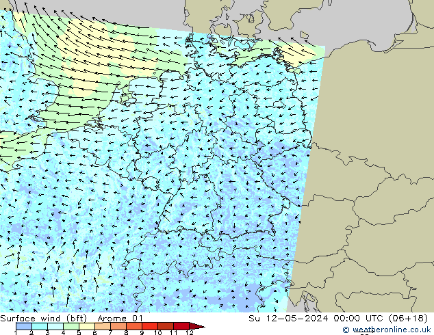 Wind 10 m (bft) Arome 01 zo 12.05.2024 00 UTC