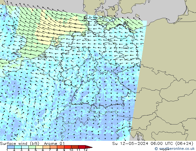 Rüzgar 10 m (bft) Arome 01 Paz 12.05.2024 06 UTC