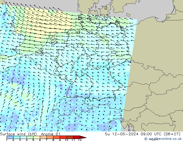 Wind 10 m (bft) Arome 01 zo 12.05.2024 09 UTC