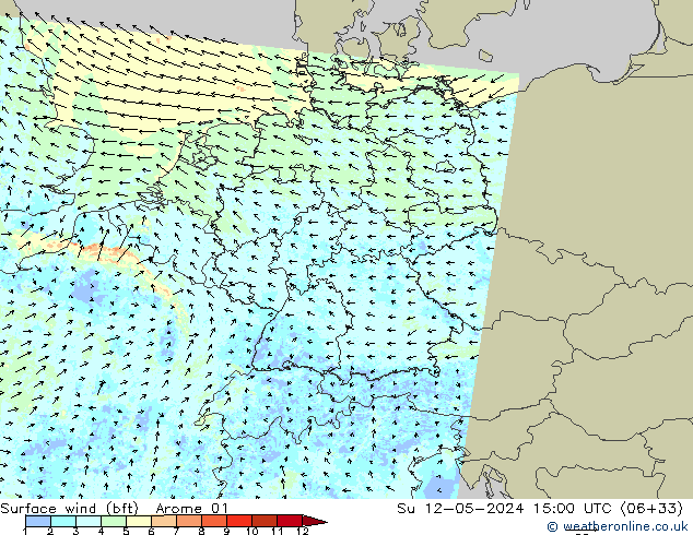 Surface wind (bft) Arome 01 Ne 12.05.2024 15 UTC