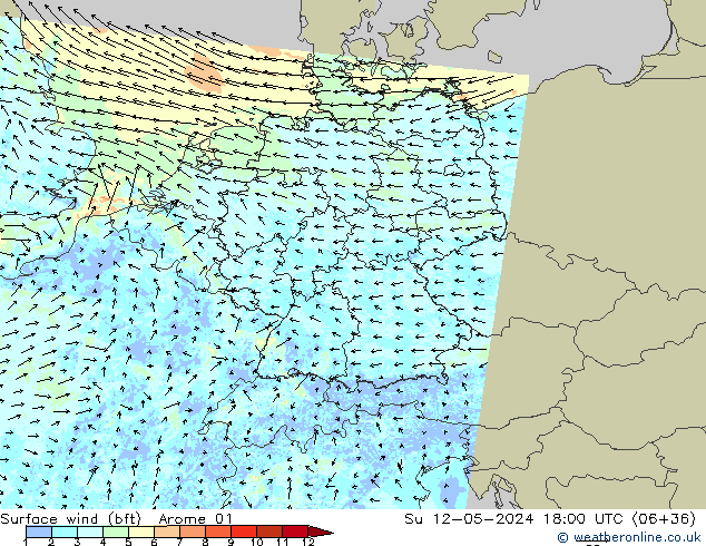 Surface wind (bft) Arome 01 Su 12.05.2024 18 UTC