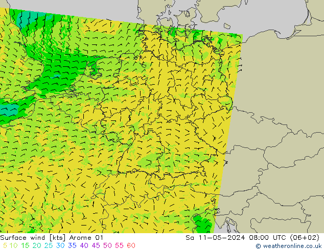 风 10 米 Arome 01 星期六 11.05.2024 08 UTC